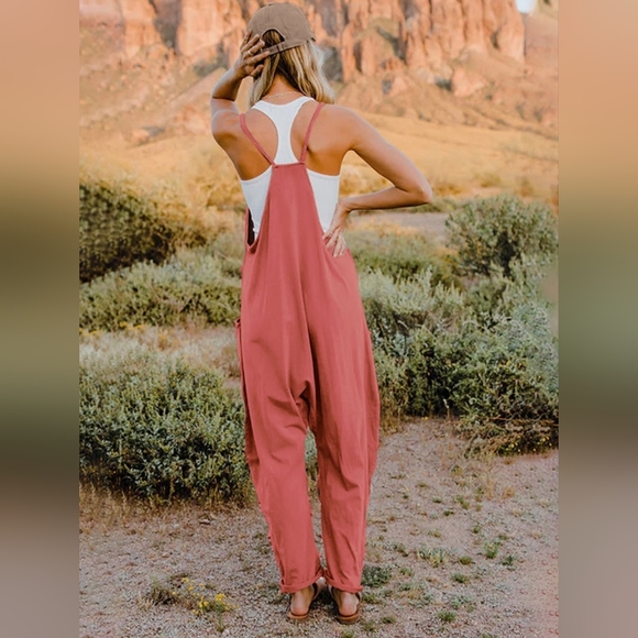 Oversized Hippie V-Neck Sleeveless Wide Leg Pant Pocket Jumpsuit Minimalist - Picture 6 of 7
